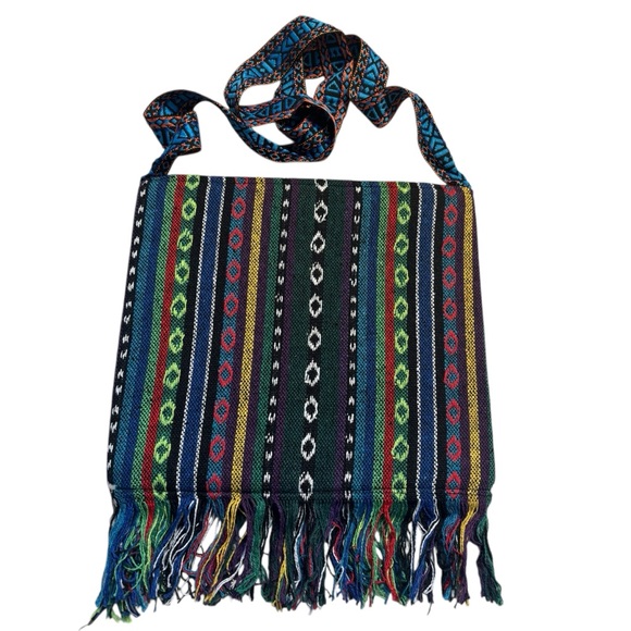 NEW Crossbody Bag Black Fabric Floral Embroidered Boho Wood Beads Fringe NWT - Picture 2 of 16